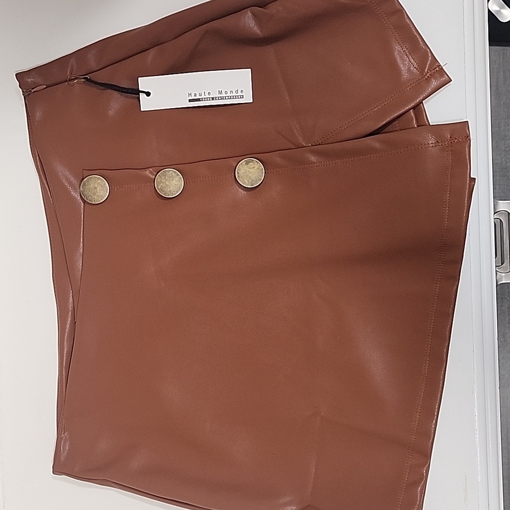 Haute Monde Tan Faux Leather Skirt with Gold Buttons